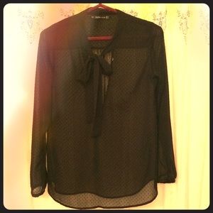Sheer black polka dot Zara blouse w tie